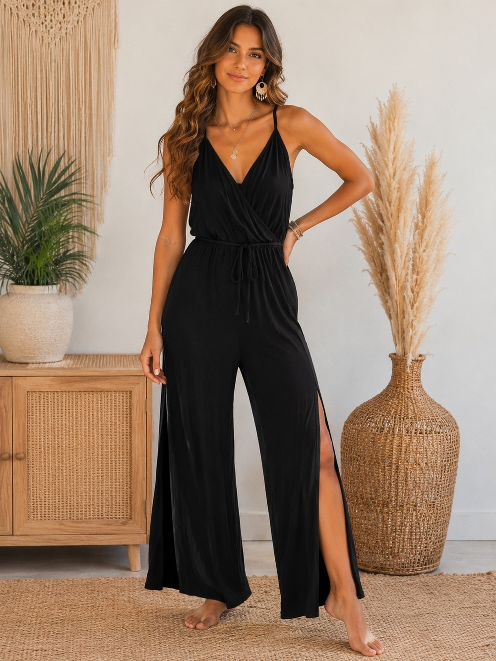 As U Wish Black V-Neck Wide-Leg Jumpsuit with Side Slits